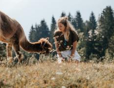 Ein Alpaka und eine Frau auf der Wiese in der Nähe des Naturhotels Landhof Irschen